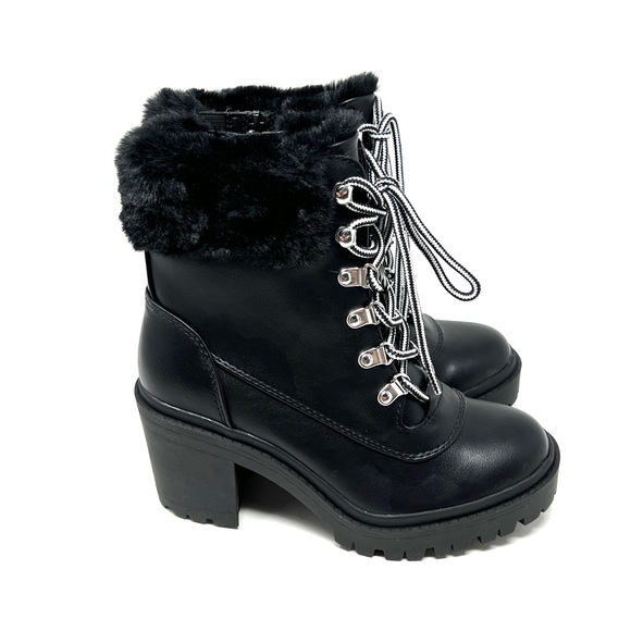 Torrid Black Faux Fur Lug Rider Combat Platform Chunky Moto Ankle Bootie Boots - Picture 2 of 9